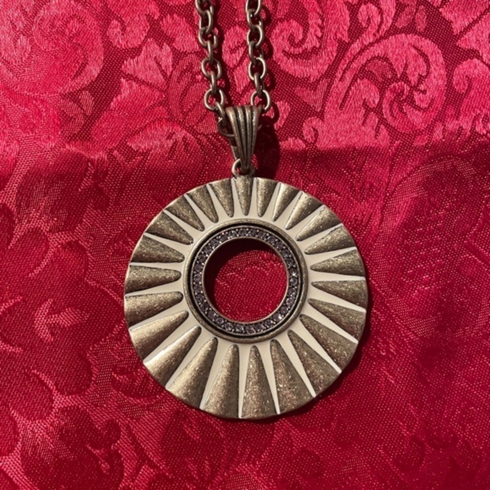 Lia Sophia Long Rhinestone Enameled Brass Tone Pendant Cable Chain Necklace
